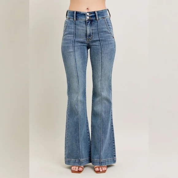 Judy Blue Front Seam Flare Leg Jeans With Thick Bottom Gems Medium Wash - Picture 3 of 6